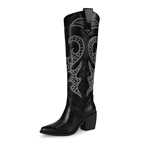 wetkiss Knee High Cowboy Cowgirl Boots for Women, with Unique Embroidery, Side Zipper and Chunky Heel Design - 6 - Black