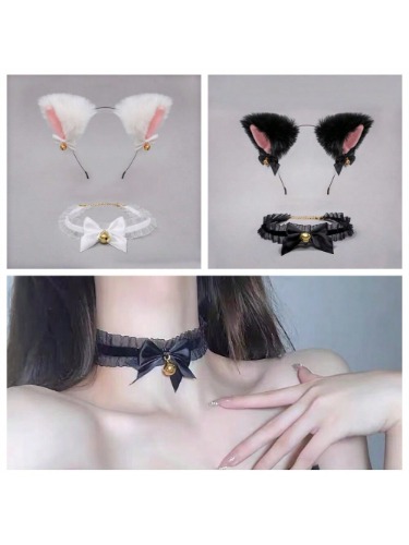 2 piezas Pinza para el pelo con orejas de gato lindas, diadema con orejas de animal y lazo, banda para el cabello con cascabel de gato o conejo, para regalo de cumpleaños o pascua. Pinza para el cabello con orejas de gato lindas y collar choker como accesorios para el cabello cotidianos para damas