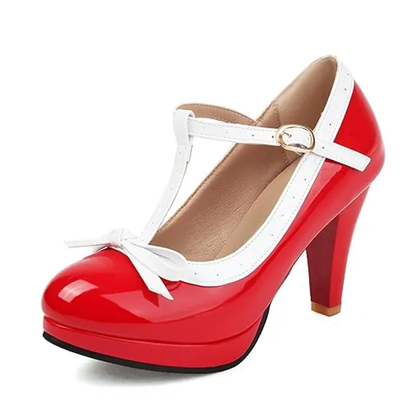 ForeMode Bow Mary Jane Shoes High Heels Closed Round Toe Pumps Leather Summer Sweet Shoe - 9.5 - Red5
