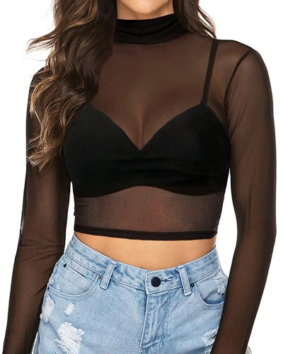 MANGOPOP Women's Short Sleeve Long Sleeve Sheer Mesh Crop Tops Tee Shirt Blouse - 0-1058 (Black) X-Small