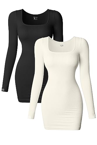 OQQ Women's 2 Piece Dresses Sexy Ribbed Long Sleeve Square Neck Tops Mini Dress - Small - Beige,black