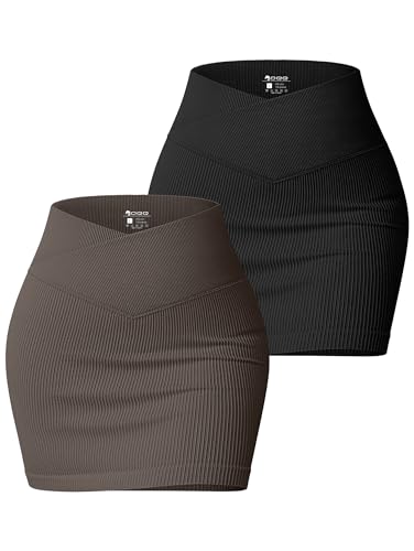 OQQ Women's 2 Piece Skirts Basic Casual Versatile Stretchy High Waist Cross Over Ribbed Mini Skirt - Small - Black,tea Leaf