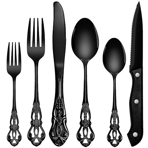 Aswwid 48 Pieces Black Silverware Set for 8, Retro Royal Flatware Set with Steak Knives, Gorgeous Stainless Steel Cutlery Utensil Set Include Forks Spoons and Knives, Mirror Finish,Dishwasher Safe - Black - 48 PCS