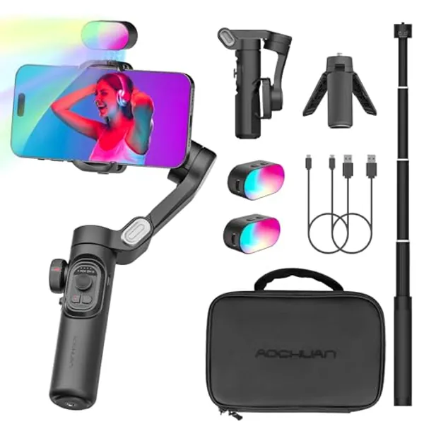 Gimbal Stabilizer for Smartphone,73cm Extension Rod,Gimbal for iPhone& Android,Human face Tracking,RGB Magnetic Suction Light,Professional 3-Axis Stabilizer XE CMOBO3