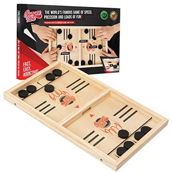 Bungee Table - Large Fast Sling Puck Game - Test Your Speed and Accuracy with This Fast Action Super Winner Wooden Air Hockey Board Game - Guaranteed Fun for Family Game Night or Party with Friends