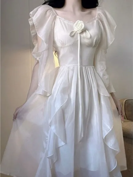 24.19US $ 40% OFF|Houzhou Elegant White Dress Women Fairy Dresses Summer Chiffon Vintage Female Sundress Ruffles Holiday Style Fashion Robe - Dresses - AliExpress
