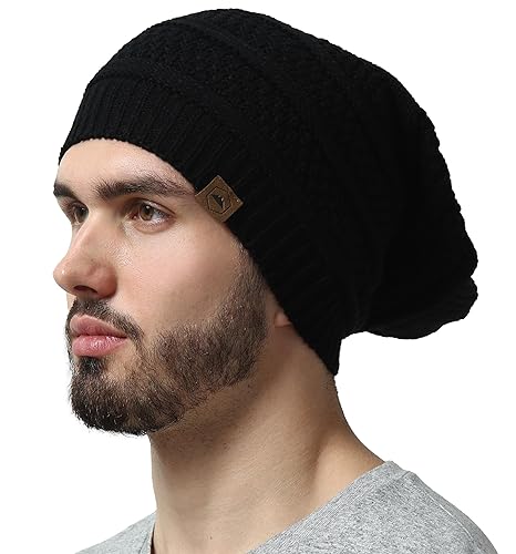 Slouchy Winter Beanie Knit Hats for Men & Women - Oversized Long Slouch Beanie Cap - Warm & Soft Cold Weather Toboggan Caps - Black
