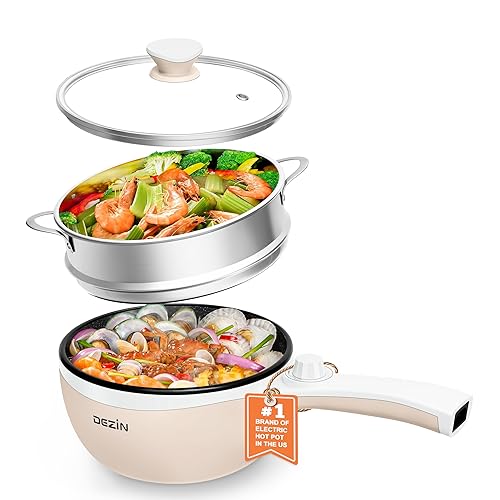 Dezin Hot Pot Electric with Steamer Upgraded, Non-Stick Sauté Pan, Rapid Noodles Electric Pot, 1.5L Mini Pot for Steak, Egg, Fried Rice, Ramen, Oatmeal, Soup with Power Adjustment - 1.5L - Beige 2