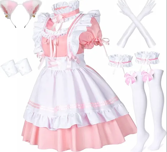 Amazon.com: Anime French Maid Apron Lolita Fancy Dress Cosplay Costume Furry Cat Ear Gloves Socks Set : Clothing, Shoes & Jewelry