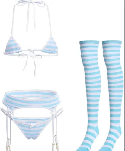 Amazon.com: ABAFIP Women Cute Kawaii Anime Lingerie set Halter Strap Micro Bra Tiny Panty Garter Belt Striped Stockings 4Pcs Underwear Blue One Size: Clothing, Shoes & Jewelry