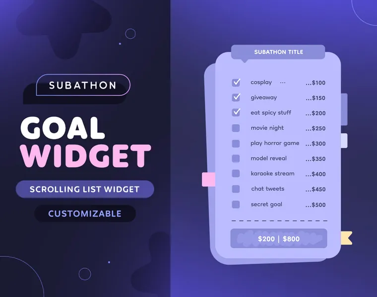 Goal Widget — Scrolling Subathon Goal List  | Cute Notebook Customizable 20 Goal List for Twitch Streamers | Streamelements OBS