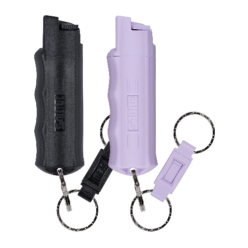 SABRE Pepper Spray, Maximum Police Strength OC Spray, Quick Release Keychain for Easy Carry and Fast Access, Finger Grip for More Accurate and Faster Aim, 25 Bursts, Secure and Easy to Use Safety - Black and Lavender 2 Pack