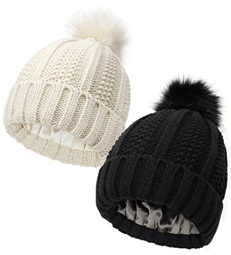 2 Pack Womens Winter Beanie Hat Satin Lined Black + Beige