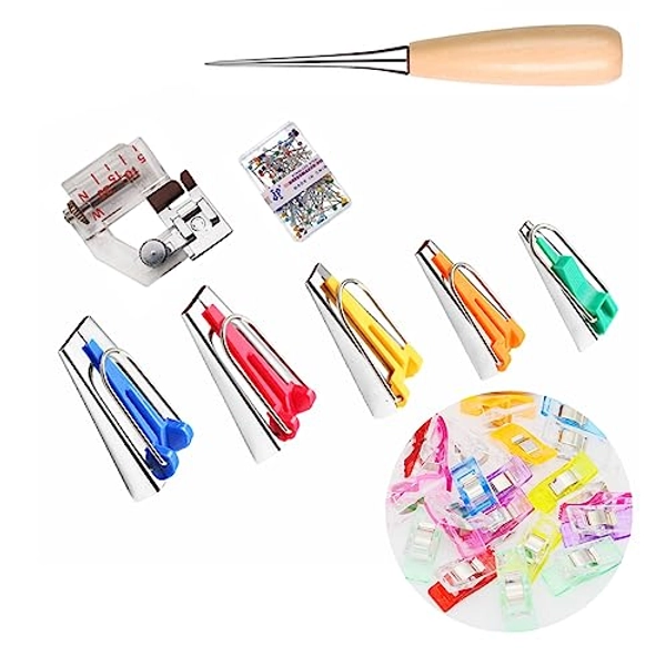 Bias Tape Maker 5 Sizes with 20 Pcs Sewing Clips, 50 Pcs Ball Point Pins,Sewing Machine Presser Foot for Fabric Sewing and Quilting