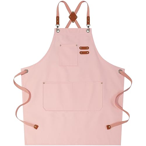 AFUN Chef Aprons for Women Men with Large Pockets, Cotton Canvas Cross Back Water Repellent Work Apron, Size M to XXL (LightPink) - Lightpink