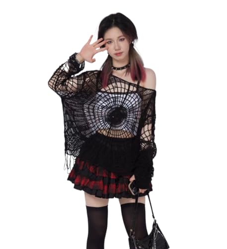 Grunge Spider Web Hollow Hole Design Spice Girl Hooded Pullover Knit Top Sweater Women - Medium - Black Without Hat