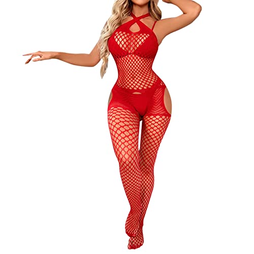 Women Lingerie Garter Belt Stocking Sexy Tights Fishnet Opening Leggings Hollow Out Pantihose Lingerie Pants Ball Gown Garment Bag - Red - One Size