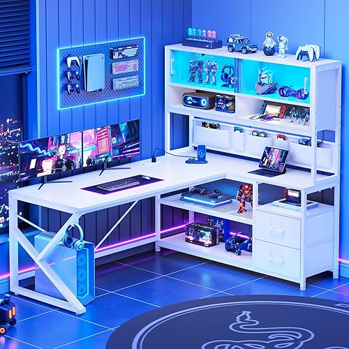 SEDETA L Shaped Computer Desk, Home Office Desk with 2 Drawer and Bookshelf, L Shaped Gaming Desk with LED Light, Glass Cabinet and Storage Bag, Corner Desk with Storage Shelves, White - White