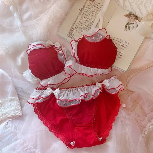 Pastel Chiffon Lingerie Set for Kawaii and Fairycore Aesthetics - Red Ruffles / M