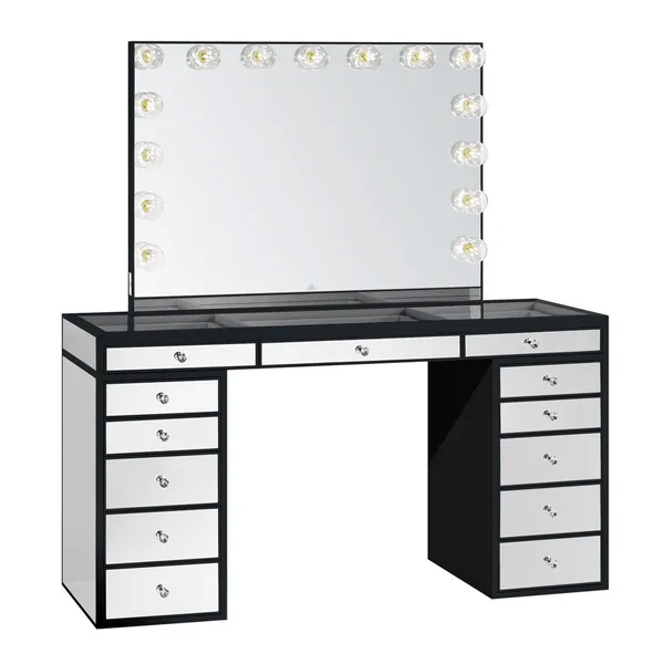 SlayStation® Pro Premium Mirrored Vanity Table | Black / Hollywood Glow Pro / Clear LED Globe Bulbs (Cool White)