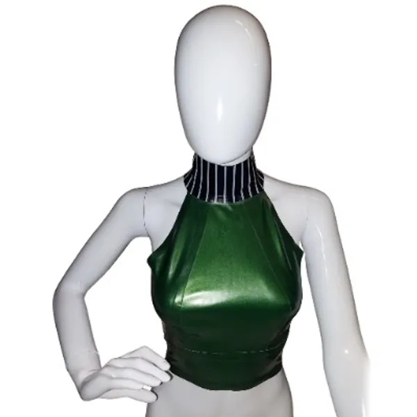 Latex Halter Crop Top with Pinstriped Collar