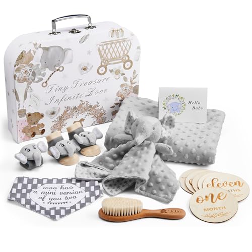 Lictin Baby Gift Set for Boys Girls, 14PCS Baby Shower Gifts, Neutral Newborn Gifts Basket with Baby Blanket, Wooden Monthly Milestone Cards, Elephant Security Blanket (Grey, 14pcs) - Grey - 14pcs
