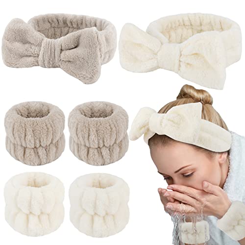 WHAVEL 6PCS Spa Headband and Wristband Set, Face Wash Headband Makeup Skincare Headband Wrist Bands for Washing Face - Beige, Light coffee