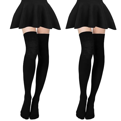Yolev 2 Pairs Extra Long Socks Thigh High Cotton Socks Extra Long Boot Stockings Over Knee Leg Warmers for Women - One Size - Black