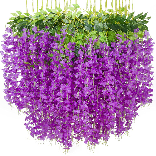 Wisteria Hanging Flowers, 24 Pack 43.2 inch 3.6 Feet Wisteria Artificial Flower Fake Wisteria Vine Ratta Long Hanging Bush Garland Silk Flowers String Decorate Home Party Wedding Decor (Large Purple) - 24pcs-large-purple