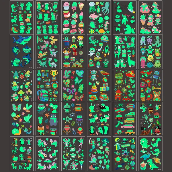 30 Sheets Luminous Temporary Tattoos for Kids Glow in The Dark Waterproof Mixed Cartoon Style Fake Tattoo Unicorn Mermaid Outspace Dinosaur Animal for Boys Girls Party Supplies - Pattern 1_30PCS