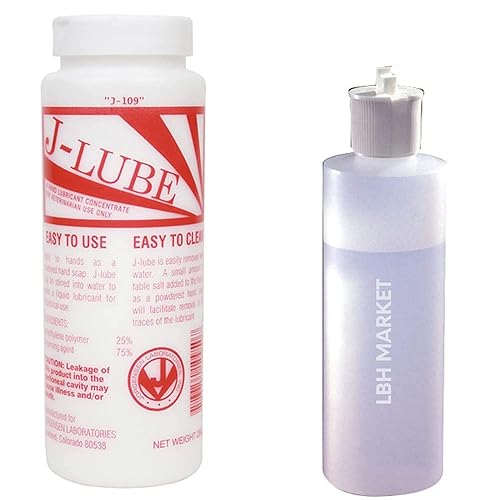 LBH Market Lubrication Bundle with J-Lube OB Lubric .PWD 10 OZ Dry Lubricant Powder Concentrate Water Based Lubrification for Veterinarian Use with Leak Proof 8 OZ Plastic Dispensing Bottle