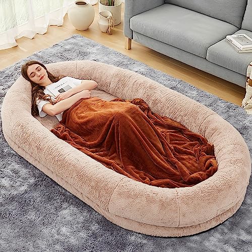 DOGKE Large Human Dog Bed, 260GSM Fur Human Size Dog Bed for People,Waterproof Washable Giant Dog Bed for Human, People Adults and Pets, Present Soft Blanke(72"x48"x10",Khaki) - 72.0"L x 48.0"W x 10.0"Th - Khaki