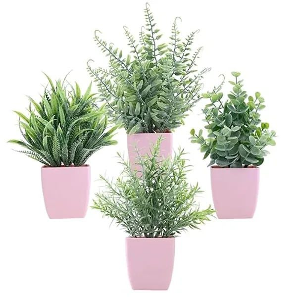 summer flower 4 Pack Small Fake Plants in Pink Pot Artificial Plant Indoor Eucalyptus Wheat Grass Ferns Rosemary Faux Plants for Room Decor Home Office Desk Bathroom Kitchen Living Room Decorations