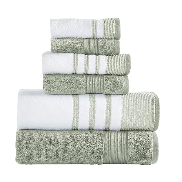 Modern Threads 6 Piece Set, 2 Bath Towels, 2 Hand Towels, 2 Washcloths, Quick Dry White/Contrast Reinhart Sage