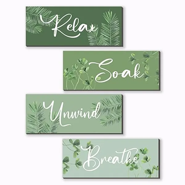 ONIZHITY 4 Pcs Sage Green Bathroom Wall Decors Relax Soak Unwind Breathe Wooden Word Sign Rustic Sage Green Bathroom Accessories For Bedroom Living Room Office Green Decorations(Green 10X4 Inch)