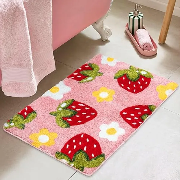 Homantic Pink Bathroom Rug Strawberry Bathroom Decor Cute Bath Mats, Pink Bathroom Accessories Flower Bathroom Rug Bathmat for Bathroom Floor, Cute Bath Rug for Sink Bathtub Shower 20"x32"