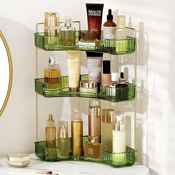 Weidace Corner Bathroom Counter Organizer Bathroom Countertop Shelf Makeup Organizer for Vanity Perfume Tray for Corner Storage (3 Tiers, Green)