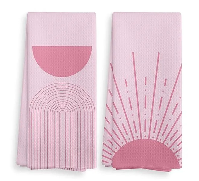 NOQL Pink Preppy Sun Moon Rainbow Kitchen Towels and Dishcloths Sets of 2, Bohemian Sunrise Hand Towels, Abstract Arch Line Drying Cloth Hand Towels for Girls Bathroom Kitchen Decor, 16×24 Inches