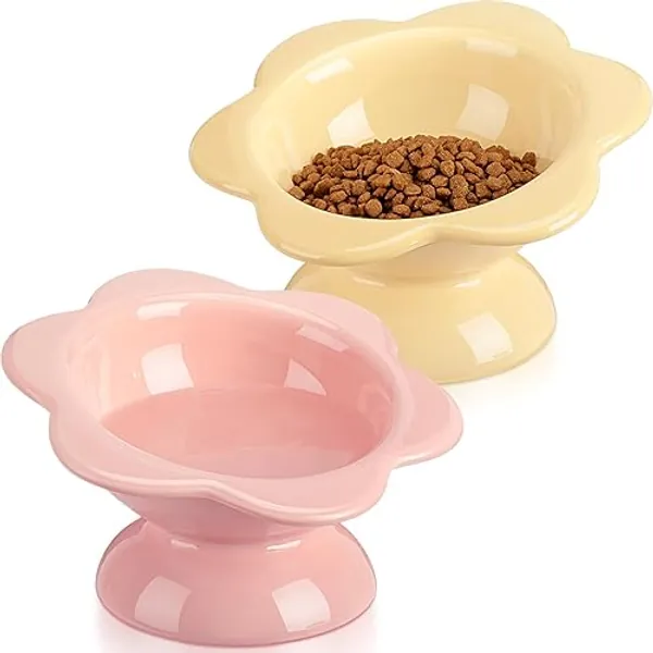 Hushee 2 Pcs Raised Cat Bowls Tilted Elevated Cat Bowl Flower Shaped Ceramic Cat Food Dish Stress Free on Neck and Spine Dishwasher Safe Cat Feeding Bowls Gift for Christmas Indoor Cat Kitten