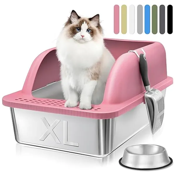 KareCute Stainless Steel Cat Litter Box, 24'' x 16'' x 12'' Covered Stainless Steel Litter Box, Enclosed Cat Litter Boxes with High Sides, Easy Clean Metal Kitty Litter Box Including Scoop (Pink)