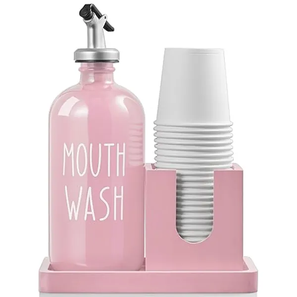 Mouthwash Dispenser for Bathroom, 16 OZ Glass Mouthwash Dispenser with Pour Spout and Wood Cup Holder and Tray, Mouth Wash Bottle Container, Farmhouse Kitchen Bathroom Decor and Accessories, Pink