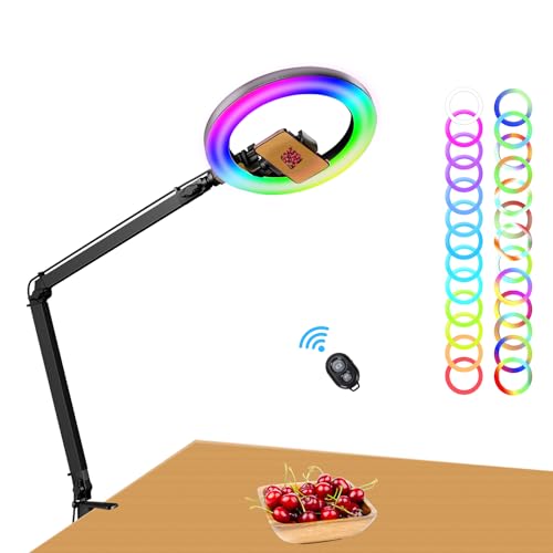 JJ JIANJIN 10 INCH RGB Ring Light,Overhead Camera Mount and Phone Holder,Desktop Ring Light with Clamp for Photography/Makeup/Live Stream Video/YouTube,Live Stream Cooking Nail Video - 10 INCH - BLACK