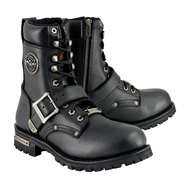 Milwaukee Leather MBM101 Men's Black Leather Lace-Up Engineer Motorcycle Boots w/Buckles and Side Zipper Entry - 9.5