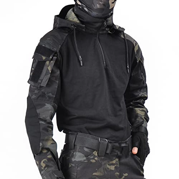 HAN·WILD Men's Tactical Shirt Multicam Combat Airsoft Long Sleeve Shirts with Elbow Pads Army Camo Military T-Shirt with Hood