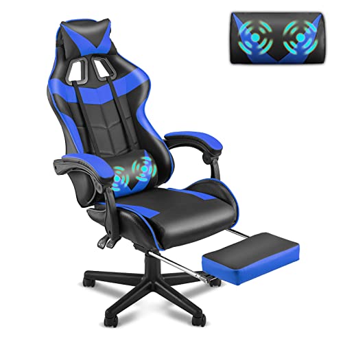 Soontrans Blue Gaming Chair with Footrest,Gaming Computer Chair, Office Gaming Chair Ergonomic Gamer Chair with Height Adjustment,Headrest and Lumbar Support Gamer Chair(Storm Blue) - Blue