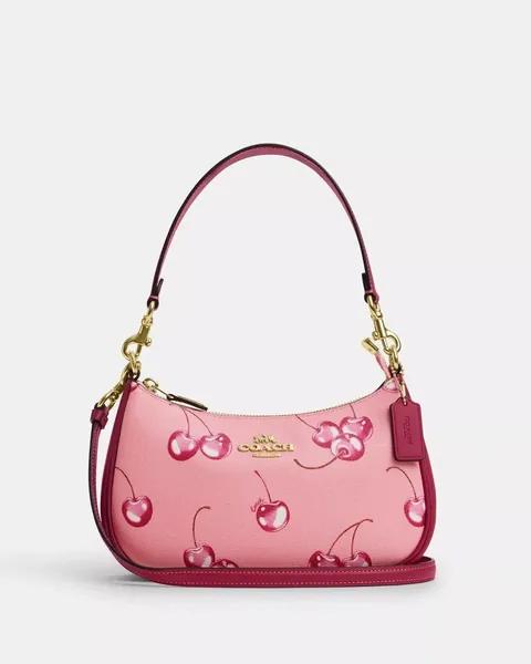 Coach Womenβs Teri Shoulder Bag Leather Canvas Pink Cherry Printed New