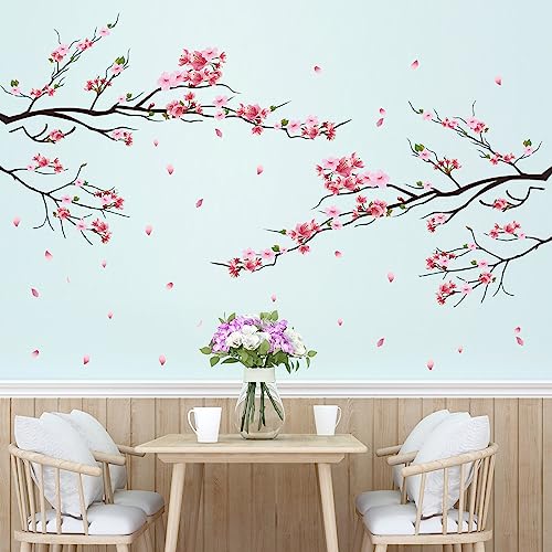 Giant Pink Flowers Wall Decals 3D Peach Flower Brown Tree Branches Wall Stickers DIY Removable Cherry Blossom Floral Green Leaf Petals Wall Decor for Girls Women Bedroom Living Room Nursery Office - A