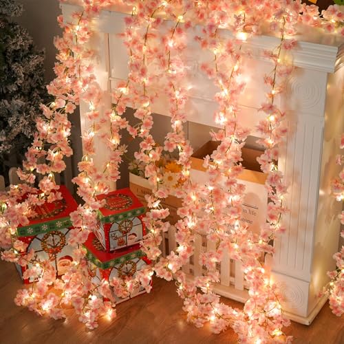 Artificial Cherry Blossom Flower Vines with Lights Artificial Flowers Outdoor Hanging Silk Flowers Garland for Wedding Party Home Bedroom Decor Pink Room Decor Aesthetic