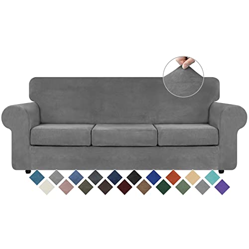 WEERRW 4 Pieces Velvet High Stretch Couch Covers for 3 Cushion Couch Sofa Slipcovers, Washable Furniture Protector with Non Slip Elastic Bottom, Feature Soft and Thick Plush Fabric, Light Grey, Large - Large - Light Grey