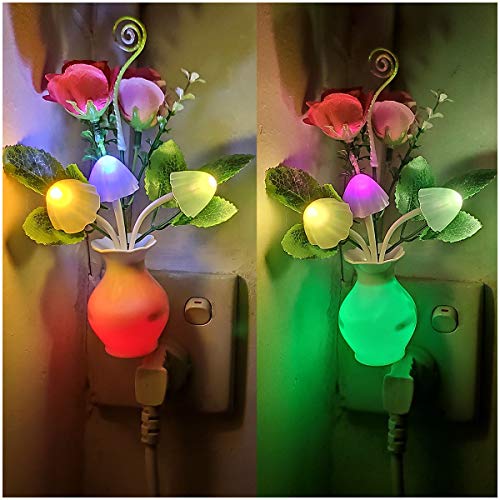 2Pack Plug in LED Night Light w/Auto Dusk to Dawn Sensor,AUSAYE 0.5W Energy Saving Lamp Dream Nightlight Rose Flower Mushroom Lights for Kids Adults Bedroom,Bathroom,Living Room,Kitchen,Hallway - Pink Red Rose - 2 Pack